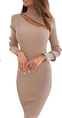 Amazon.com: Glamaker Women's Sexy Long Sleeve Ribbed Sweater Dress Bodycon Midi Long Sweater Dresses : Clothing, Shoes & Jewelry