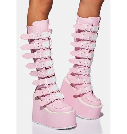 Demonia Swing-815 Knee High Buckle Platform Boots - Pink Holographic | Dolls Kill