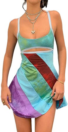 Amazon.com: Bodycon Halter Mini Dress for Women Y2k Backless Sexy V Neck Summer Beach Sundress Vintage Party Dress Streetwear (G-Colorful, L, l) : Clothing, Shoes & Jewelry