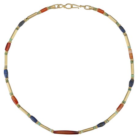 Ancient Carnelian and Lapis Barrel Beads with Turquoise and 20k Gold Tubes For Sale at 1stDibs