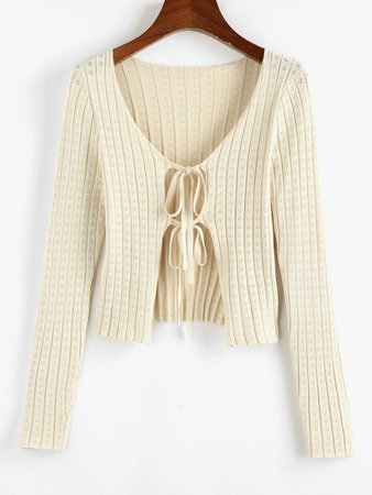 [37% OFF] 2021 ZAFUL Tie Front Pointelle Knit Ribbed Cardigan In LIGHT YELLOW | ZAFUL