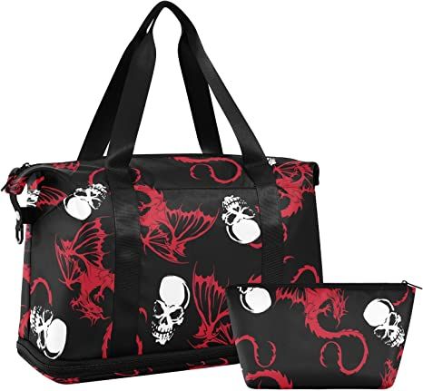 Amazon.com: Seamless White Skull and Red Wing Flying Dragon on Dark Black Gym Duffel Bag, Polyester Travel Weekender Luggage Handbag with Waterproof Pocket for Wet Items, Unisex Foldable Tote for Sports : Home & Kitchen