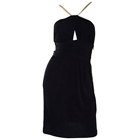 Sexy Vintage Celine Black Jersey Cut - Out Grecian Dress w/ Gold Leather Straps For Sale at 1stDibs