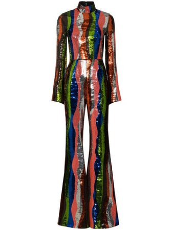 Shop multicolour Halpern squiggle stripe sequin flared jumpsuit with Express Delivery - Farfetch