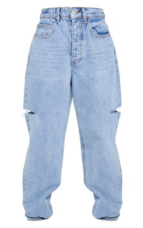 Light Blue Wash Thigh Split Baggy Boyfriend Jeans | PrettyLittleThing
