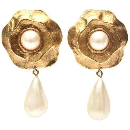 Chanel Gold Plated and Faux Pearl Flower Dangle Clip On Earrings For Sale at 1stdibs