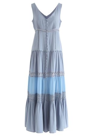 Crochet Trims Panelled Button Down Sleeveless Maxi Dress in Dusty Blue - Retro, Indie and Unique Fashion