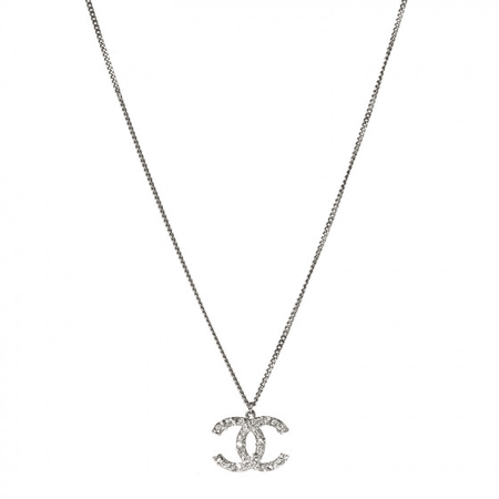 CHANEL Crystal CC Pendant Necklace Silver