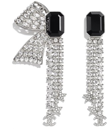 Clip, metal and strass earrings, silver, crystal and black - CHANEL