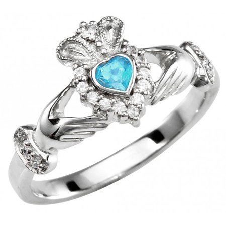 Aquamarine Diamond Silver Claddagh Ring - March Birthstone