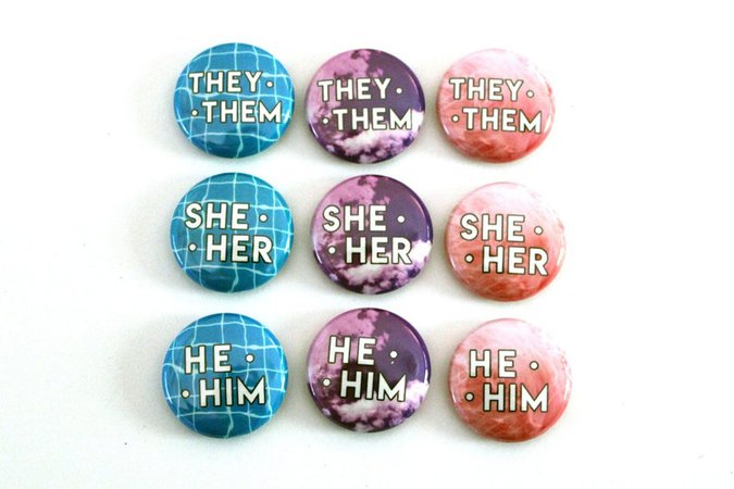 Pink Purple and Blue Pronoun Pin | They/Them, She/Her, He/Him | Trans, Nonbinary, Genderfluid, Genderqueer Pronoun Button [CowboyYeehaww]