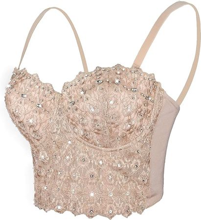 ELLACCI Women's Natural Reigning Lace Rhinestone Bustier Crop Top Sexy Mesh Corset Top Bra X-Small at Amazon Women’s Clothing store