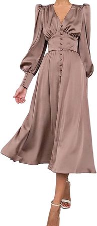 xxxiticat Women's Puff Sleeve Satin Maxi Dress Long Lantern Sleeve Button Down Ruffle Single Breasted Vintage Midi Dresses(WH,M) White at Amazon Women’s Clothing store