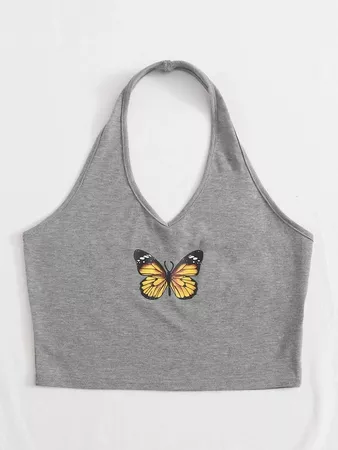 Butterfly Print Crop Halter Top | SHEIN USA grey