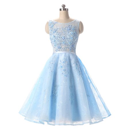 Bateau Neck Pearl Lace Appliques Short Prom Dress, Ice Blue A-line Sash Mini Prom Dress, Sweet See-through Lace Prom Dress, #020102715 from ... $174.99