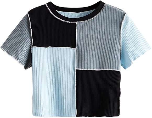 SheIn Women's Color Block Short Sleeve Crop Tees Patchwork Round Neck Crop Top T Shirts Multicoloured X-Small at Amazon Women’s Clothing store