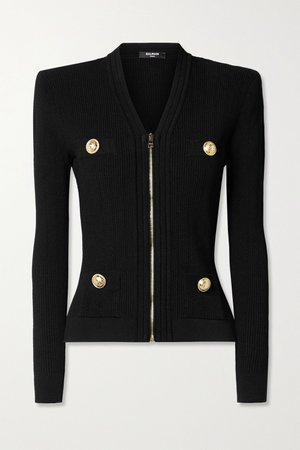 Black Button-embellished ribbed-knit cardigan | Balmain | NET-A-PORTER