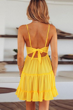 Yellow Spaghetti Straps Crochet Cutout Pleated Knotted A Line Dress