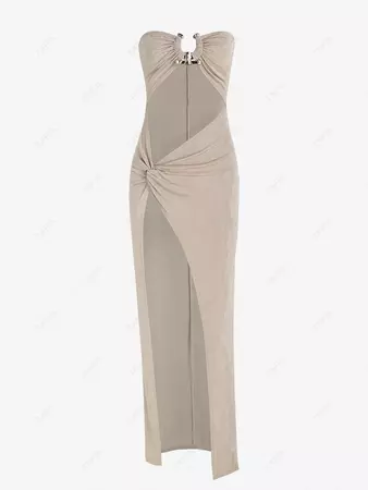 Women's Vegas Dress Midi Shiny Jersey Slinky Thigh High Split Cut Out Twist Metal Hardware O Ring Strapless Tube In LIGHT COFFEE | ZAFUL 2024
