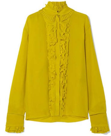 Pleated Ruffled Silk Crepe De Chine Blouse - Chartreuse