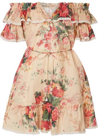 Laelia Off-the-shoulder Floral-print Linen Mini Dress - Beige