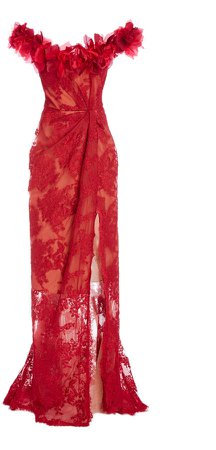 Marchesa Floral-Embellished Lace Gown