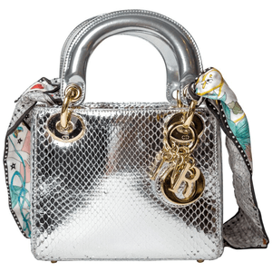 Christian Dior Silver Python Mini Lady Dior handbag with Silk Scarf For Sale at 1stdibs