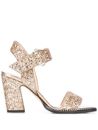 Gold Jimmy Choo Minase 85Mm Glitter Sandals | Farfetch.com