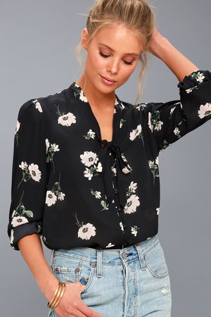 Cute Black Floral Print Top - Button-Up Long Sleeve Top