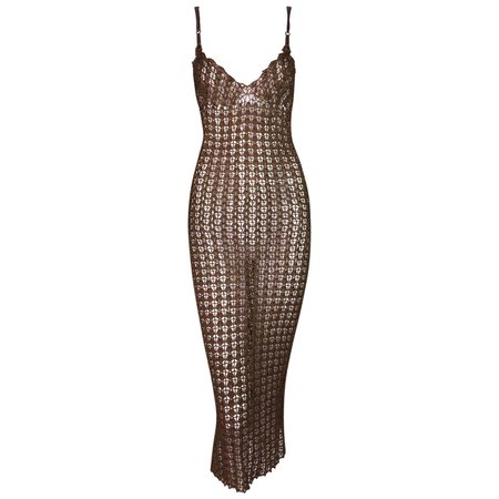 NWT 1990's Dolce and Gabbana Sheer Bronze Brown Knit Plunging Wiggle Dress For Sale at 1stDibs
