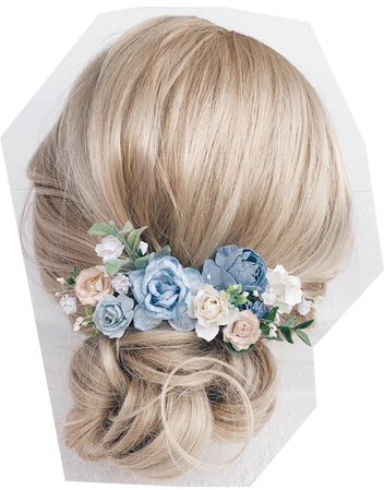 blonde bun blue floral hair clips