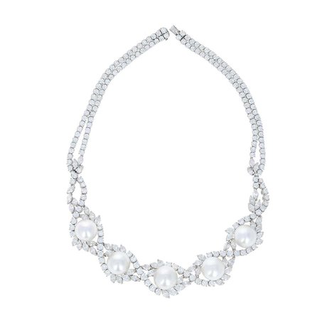 54.25 Carat Total Weight Diamond and Pearl Necklace, Earring and Ring Set at 1stdibs