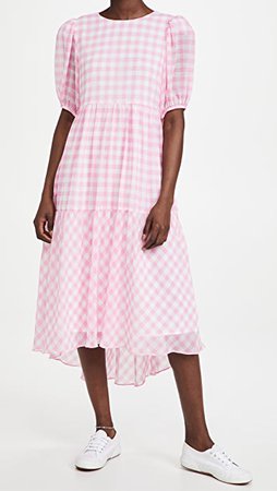 Pink Gingham Print Midi Dress