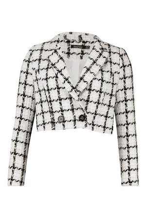 Boucle Checked Double Breasted Cropped Blazer | Boohoo