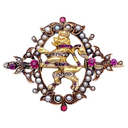 Antique Brooch Bavarian Royal Lion 14 Karat Gold Diamonds Rubies Natural Pearls For Sale at 1stDibs