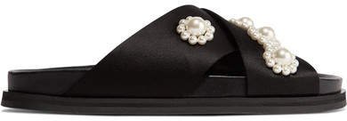 Faux Pearl-embellished Satin Slides - Black