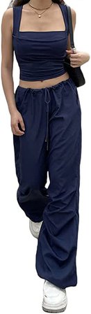 Women's Baggy Cargo Pants Low Waist Hip Hop Sweatpants Drawstring Oversized Loose Wide Leg Hippie Joggers Trousers(F-Beige,Small) at Amazon Women’s Clothing store