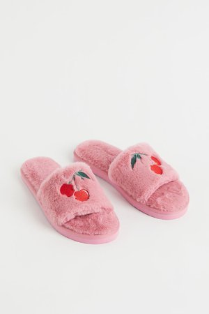Faux fur slippers - Pink/Cherries - Ladies | H&M