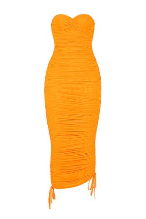'Liaison' Orange Strapless Ruched Midi Dress - Mistress Rock