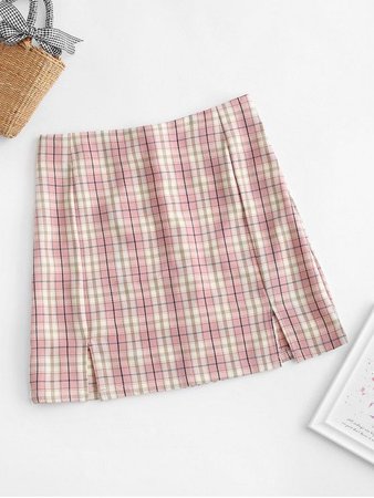 [16% OFF] [POPULAR] 2020 Plaid Slit Front Mini Skirt In ROSE | ZAFUL