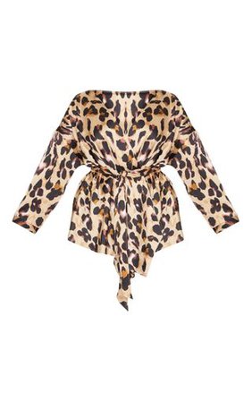 Plus Tan Leopard Woven Tie Waist Blouse | PrettyLittleThing