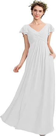 Noras dress Chiffon Bridesmaid Dresses with Pockets Long V Neck Ruffle Sleeve Formal Party Gowns B149 at Amazon Women’s Clothing store