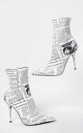 White News Paper Print High Heel Pointed Boots | PrettyLittleThing
