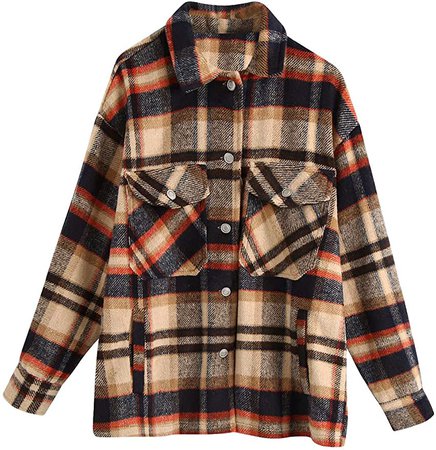 PUWEI Women's Relaxed Fit Button Up Brushed Plaid Buffalo Shirt Jacket Check Shirts Coats(1248-Coffee-XS) at Amazon Women’s Clothing store