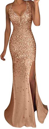 Amazon.com: AgrinTol Women V Neck Long Dress Sequin Prom Party Summer Sexy Gold Evening Bridesmaid Dress: Clothing