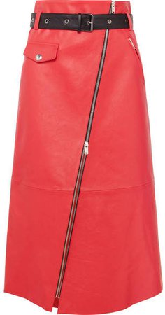 Zip-embellished Belted Leather Midi Skirt - Red