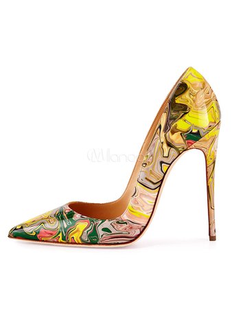 Women High Heels Pointed Toe Artwork Printed Stiletto Heel Slip On Pumps Yellow Dress Shoes - Milanoo.com