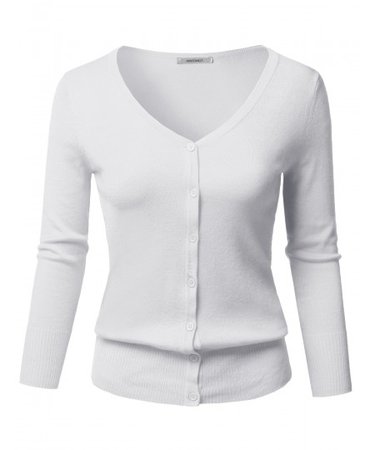 Women's Solid Button Down V-Neck 3/4 Sleeves Knit Cardigan | 01 White