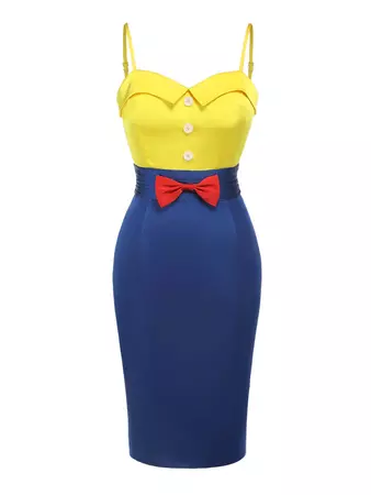 Yellow & Blue 1960s Bow Strap Pencil Dress – Retro Stage