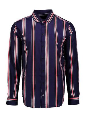 Navy & Red Long Sleeve Stripe Shirt | Boohoo